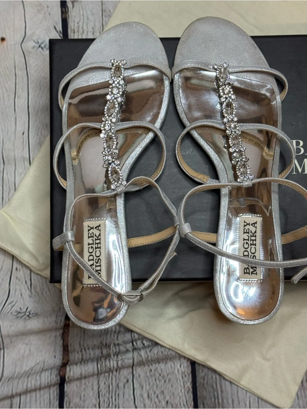 Badgley Mischka Carley II Silver Crystal T-Strap Wedge Sandals Size 7.5